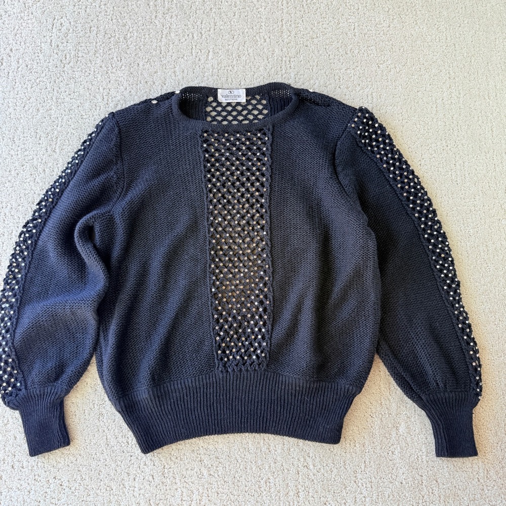 Valentino Boutique Sweater Womens Black Vintage 80s Rhinestone Open Knit Italy